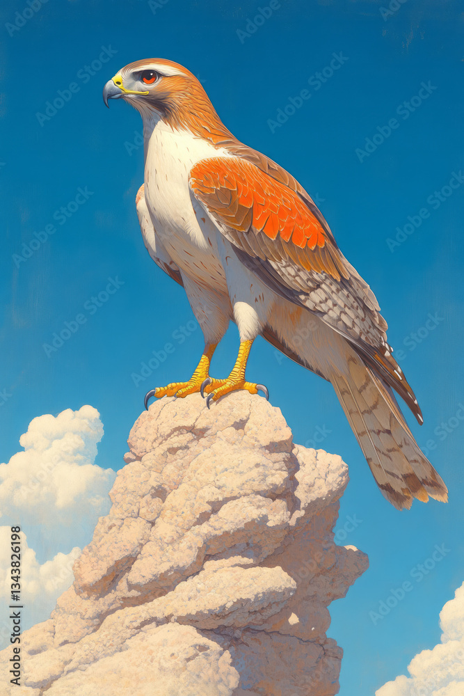 Poster a hyper-realistic lithograph of a single red-tailed hawk perched atop a rugged cliffside, scanning