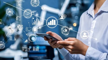 Business professional analyzing data on smartphone with digital graphs in modern office background