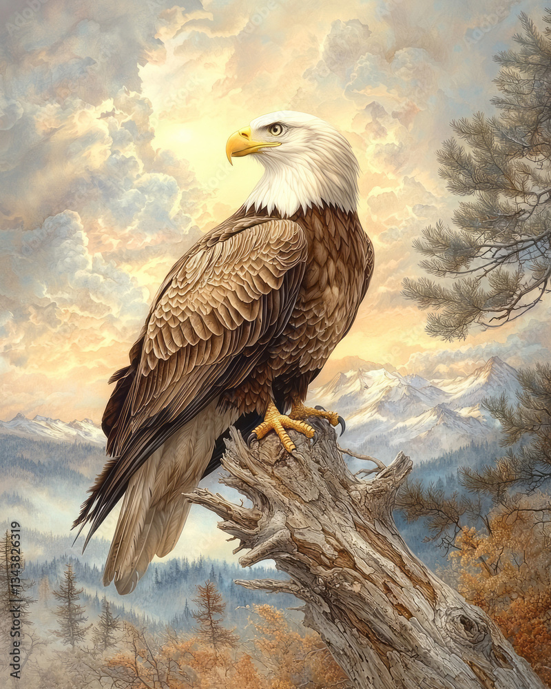 Poster a lithograph of a majestic bald eagle resting on a weathered pine tree branch, overlooking a vast