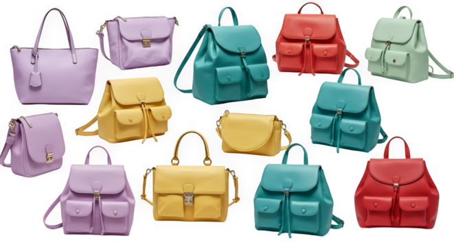 Assorted Pastel Leather Handbags and Backpacks on White