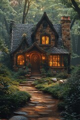 Obraz premium Magical Cottage in Fantasy Forest Village Surrounded by Greenery