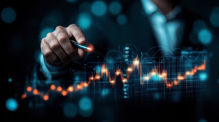 A corporate leader giving a presentation with financial graphs