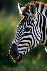 Naklejka premium zebra with its tongue out and its mouth open in front of a green background