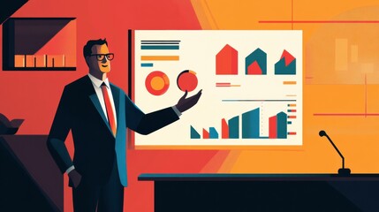 A corporate leader giving a presentation with financial graphs