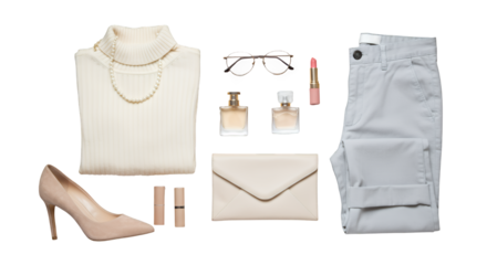 Cream Turtleneck, Grey Corduroy Pants, and Nude Heels: A Minimalist Women's Outfit Flatlay