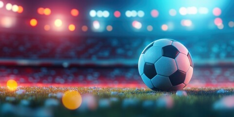 Fototapeta premium Night Football Game: Soccer Ball on the Pitch Under Stadium Lights