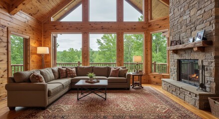 Naklejka premium Cozy Living Room Interior with Stone Fireplace and Wooden Walls