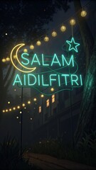 Night Scene of Eid al-Fitr Greetings with Neon Sign