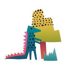 Naive trendy children's illustration with dinosaurs and tropical animals. Vector illustration for children's rooms, t-shirts, prints. Paper cut style with gradients and texture. Vector