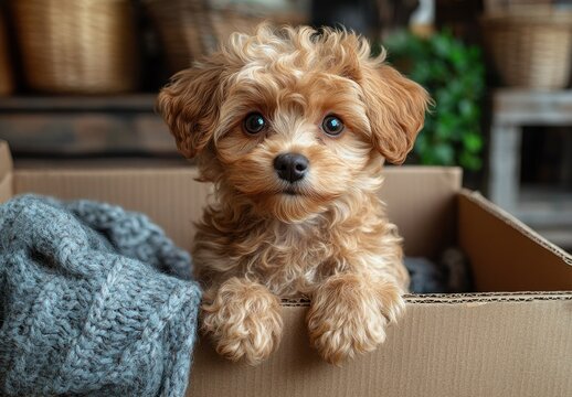 Cute curly-haired puppy sitting in a cardboard box hyper-realistic fluffy dog painting - Powered by Adobe