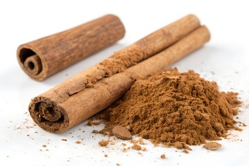 cinnamon sticks and powder isolated on white background
