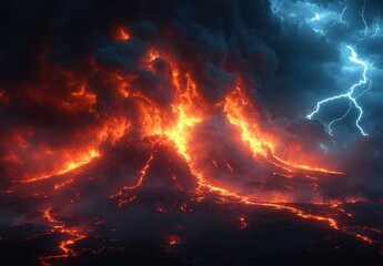 Dramatic Volcanic Eruption with Lightning Storm and Lava Flows in Fantasy Landscape