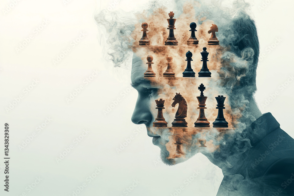 Poster A man in deep thought, his head dissolving into floating chess pieces, symbolizing complex