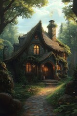 Fototapeta premium Whimsical Fairy-Tale Cottage Surrounded by Enchanted Forest and Lush Greenery