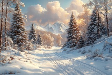 Winter Landscape Snowy Path Golden Hour Sunset