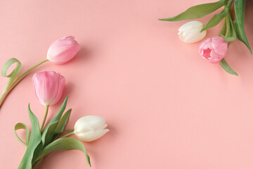 Fototapeta premium Pink and white tulips arranged on a pastel pink background with green leaves, creating a delicate floral composition with copy-space