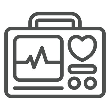 Medical defibrillator line icon, emergency service concept. Vector graphics. Ambulance paramedic saviors device sign on white background, outline style icon for mobile or web design.