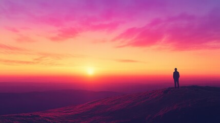 Man standing on a mountain peak during sunset