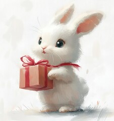 adorable white bunny unwrapping pink gift box