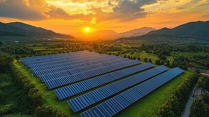 Aerial view of solar panels in a lush landscape at sunset, showcasing renewable energy