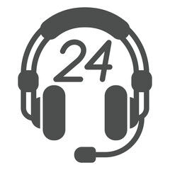 Headphones with microphone solid icon, support service concept. Vector graphics. Headset with 24 hour support sign on white background, glyph style icon for mobile or web design.
