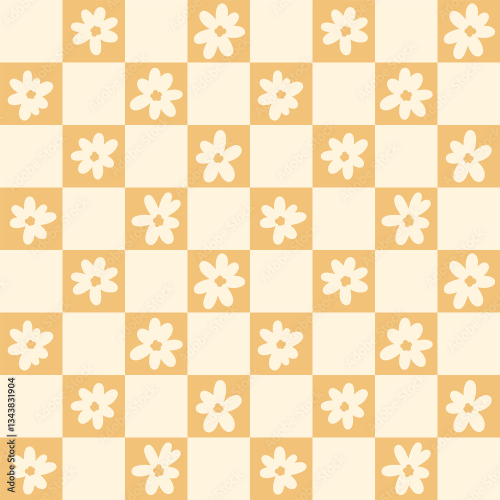 Poster Retro orange check with daisies seamless repeating vector pattern, cute daisy doodle checked print