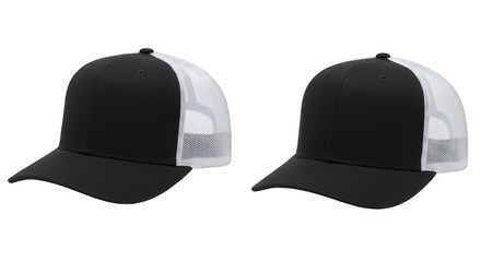 Two Black and White Trucker Hats on White Background