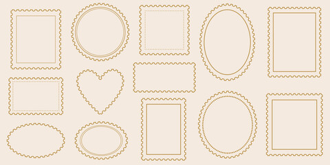 Postage stamp outline shapes, line art flat bank postage frame design, wavy edge clip art set, isolated