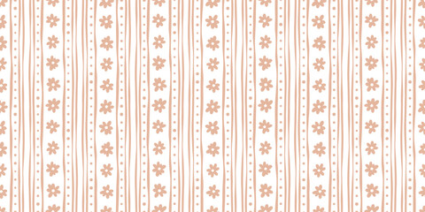 Warm neutral brown elegant vertical stripes with tiny daisy floral retro spring background, wide wallpaper design