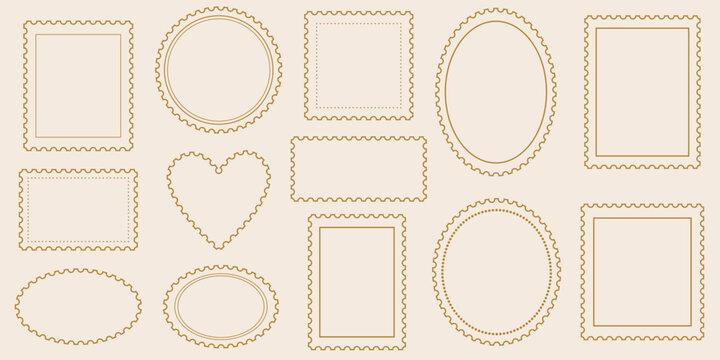 Postage stamp outline shapes, line art flat bank postage frame design, wavy edge clip art set, isolated
