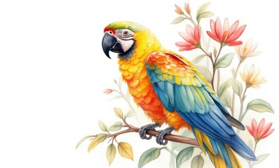 Colorful parrot perched among vibrant flowers