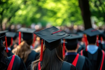 Graduates in caps and gowns at an outdoor ceremony.