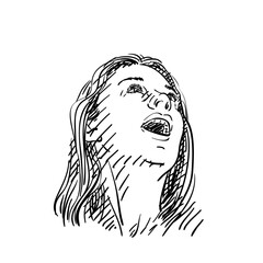 Hand drawn sketch of a woman's head tilted upward with an open mouth, expressing joy, freedom, deep emotion. Black and white line art with expressive strokes and shading, isolated on white background