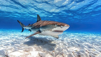 Fototapeta premium Majestic shark gliding through clear ocean waters, showcasing marine life beauty