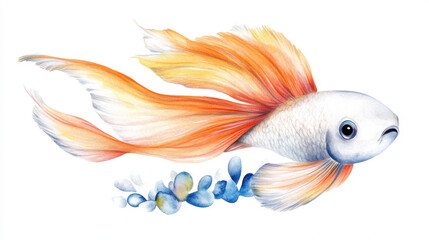 Fototapeta premium Watercolor illustration of a goldfish with flowing orange fins surrounded by delicate blue flowers hand painted realistic underwater animal art on a white isolated background