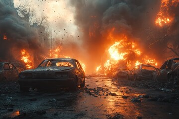 Post-Apocalyptic Street Scene with Burning Cars and Smoke
