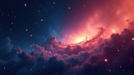 Fototapeta premium A Celestial Tapestry of Crimson and Azure Hues, Embroidered with Star Dust and Swirling Nebulous Clouds, Creating a Dreamlike Cosmic Landscape