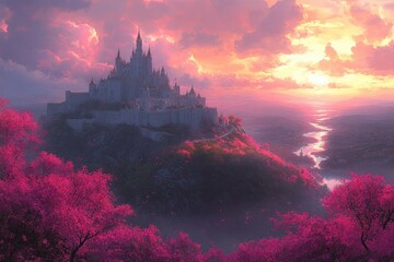 Fantasy Castle on a Hill Surrounded by Vibrant Foliage at Sunset
