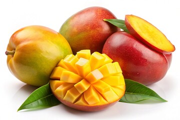 Juicy Ripe Mangoes with Sliced Mango on White Background