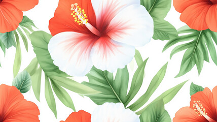 Fototapeta premium seamless pattern Vibrant hibiscus flowers with lush green leaves