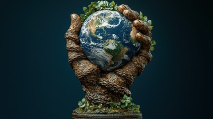 Earth held gently in large hands, surrounded by nature