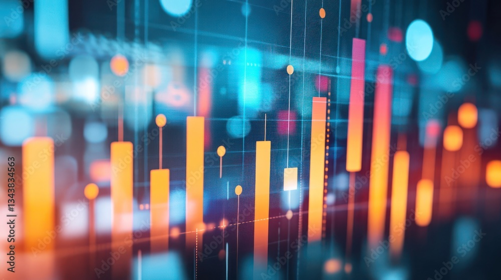 Poster colorful data visualization with bar graphs and glowing elements