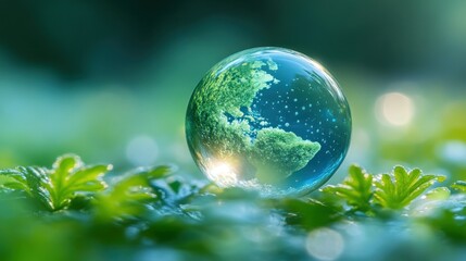 Earth in a glass sphere, nestled on vibrant green leaves