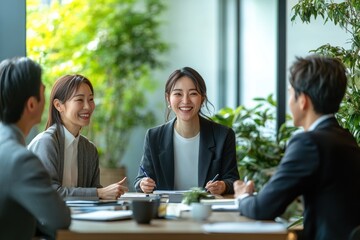 Business Meeting Professionals Smiling in Modern Japanese Office