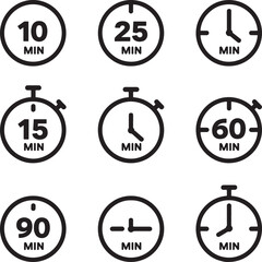 Timer, clock, stopwatch isolated set icons. Countdown timer symbol icon set. Label cooking time. Vector illustration.