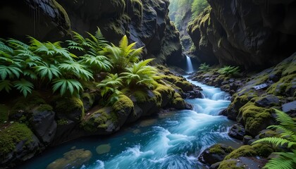 Serene Mossy Canyon River with Lush Ferns