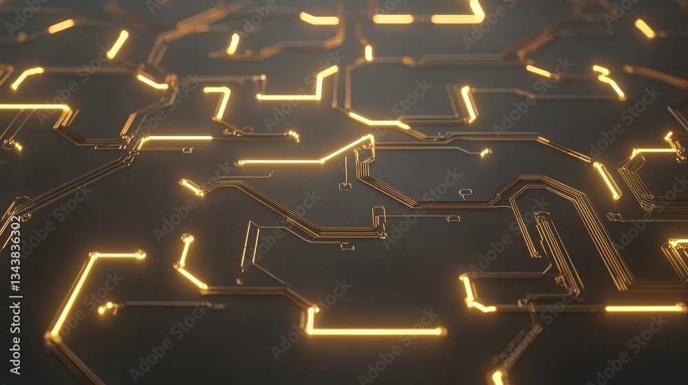 Poster yellow is the color used to represent an abstract network that consists of glowing nodes and interco