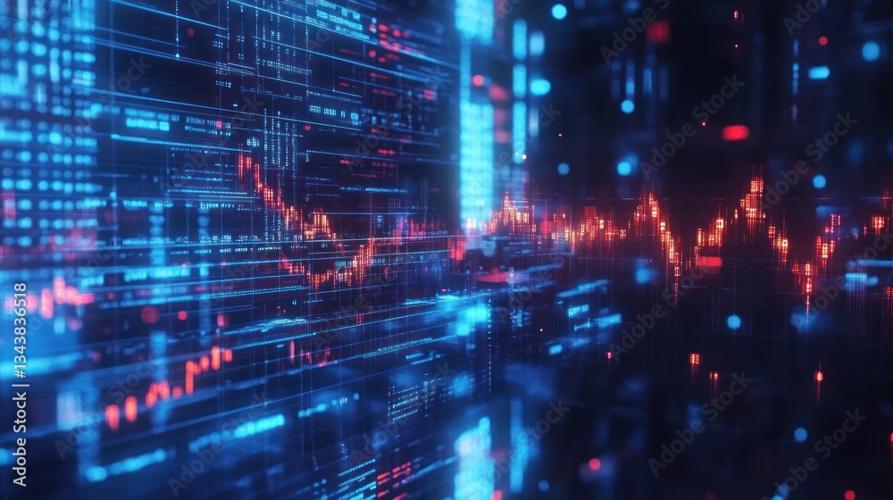 Poster abstract digital data visualization with glowing graphs and lines