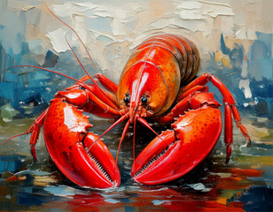 lobster on a grunge background, fresh lobster paint, lobster on a blue background, watercolor painting illustration of a lobster, colorful lobsters painting wall art background