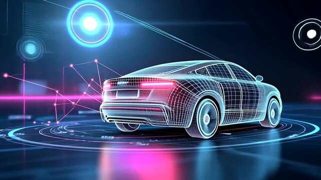 Futuristic electric car design with glowing lines and digital elements in a tech-inspired background
